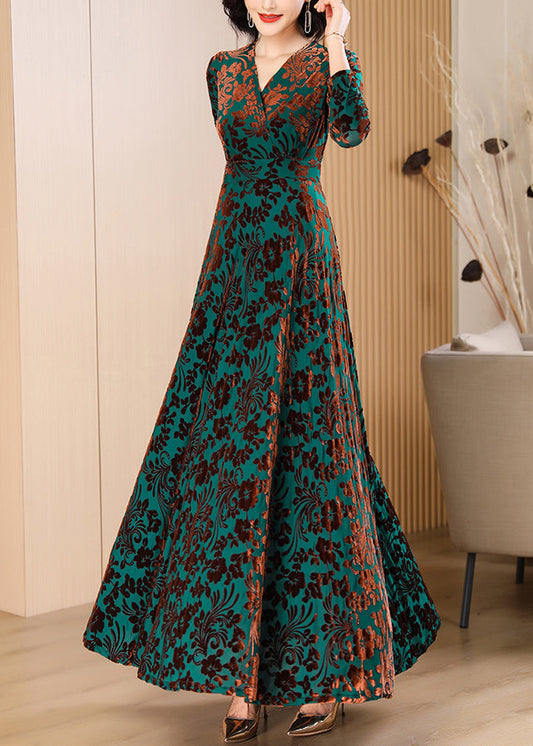 Classy Blackish Green V Neck Print Slim Velour Maxi Dresses Spring