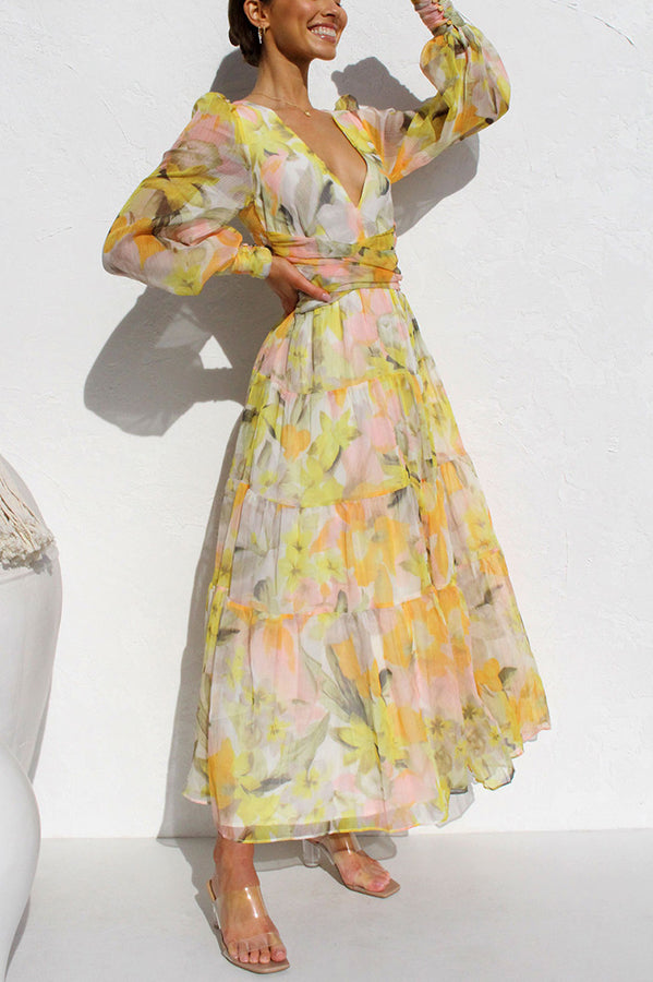 Yellow Olena Abstract Floral Balloon Sleeves Maxi Dress