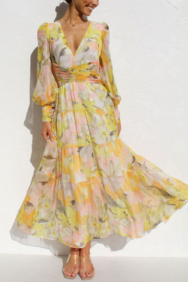 Yellow Olena Abstract Floral Balloon Sleeves Maxi Dress